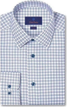 David Donahue Trim Fit Windowpane Check Cotton Dobby Dress Shirt in White/Blue at Nordstrom Rack, Size 19 - 34/35