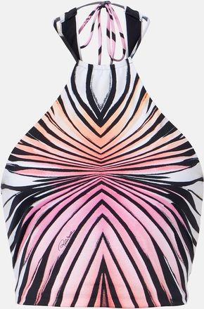 Roberto Cavalli Printed halterneck mesh crop top