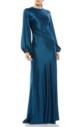 Mac Duggal Petite Beaded High Neck Bishop Sleeve Satin Gown in Sapphire at Nordstrom, Size 12P