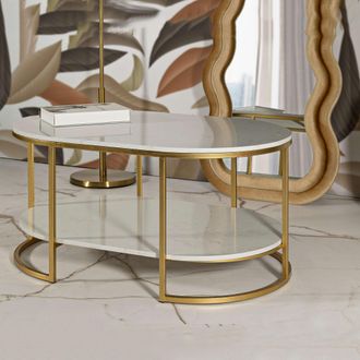 Dmora Mesa De Centro Bafarane, Forma Ovalada, Color Blanco, Estructura De Metal, 90x60x45h Cm M&aacute;rmol Blanco
