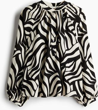 H&M Bluse mit Ballon&auml;rmeln - Hellbeige/Schwarz Gemustert