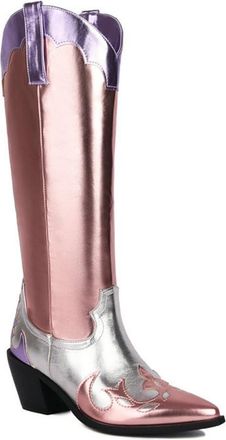 Generic Womens Pointed Toe Embroidered Metallic Western Cowboy Boots Pointed Toe Chunky Heel Pull On Knee High Shoes (5.5,Pink)