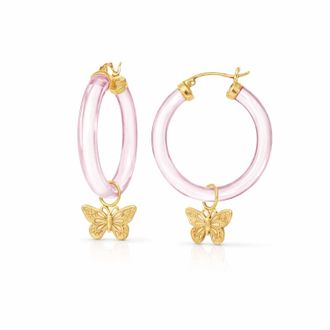 Gold & Honey Womens Butterfly Charm Lucite Hoop Earrings In Pink
