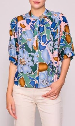 Melloday Print Voile Shirt in Blue Brown Multi at Nordstrom Rack, Size Medium