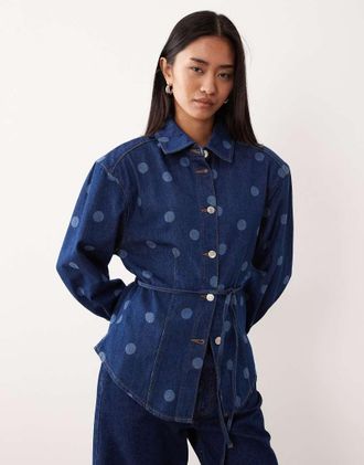 Asos Camicia in denim stretta in vita a pois effetto laser-Blu