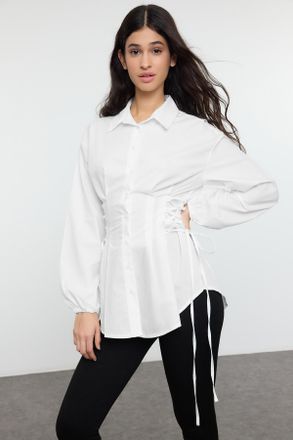 Trendyol Modest Dames Ecru Effen Lang Getailleerd Modest Overhemden