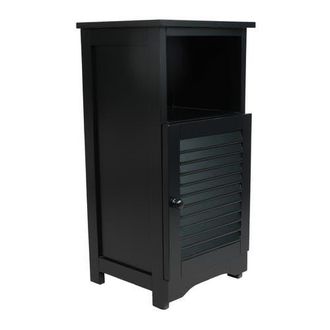 Happimess Serene Handcrafted Acacia Wood Bathroom Freestanding Floor Storage Cabinet with Louvered Door and Open Shelf in Black at Nordstrom