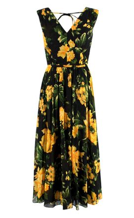 Carolina Herrera Black & Yellow Floral Midi Dress Size XXS