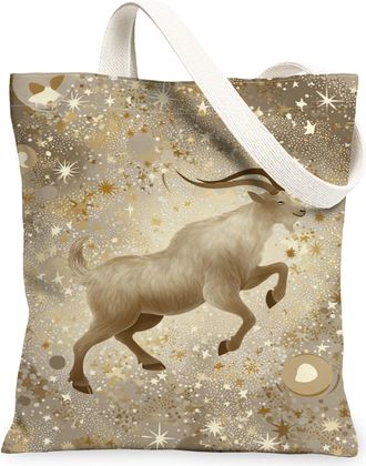Generic Artistic Goat Canvas Tote Bags, Vintage Starry Pattern Reusable Grocery Bags, Lightweight Washable Shoulder Strap Canvas Fo, Beige, 13x15 Inch