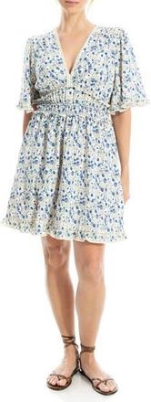 Max Studio Ruffle Short Sleeve Fit & Flare Dress in Cream/Blue Whimsical Petals at Nordstrom Rack, Size X-Large