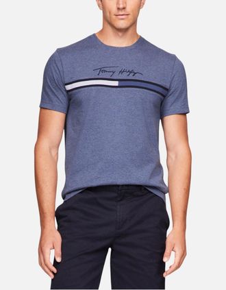 Tommy Hilfiger Mens Tommy Hilfiger Mens T Shirts Signature Tonal Flag Logo Summer Cotton Tino Tee - Blue - Size: 38