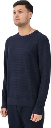 Tommy Hilfiger Textured Knit Crew Neck Jumper - Heren - Ronde hals truien - Blauw - S - Katoen - Truien & Vesten
