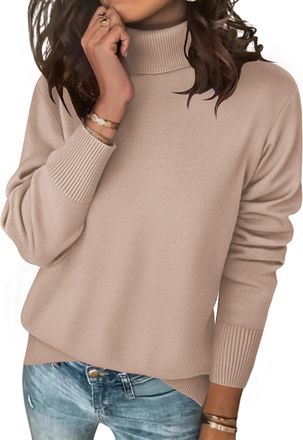 Zeagoo Womens Jumper Turtleneck Sweaters Knit Long Sleeve Tops Soft Pullover Ladies Winter Clothes Khaki M