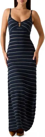 Guess Emeri Scallop Striped Maxi Dress in Blackened Blue Multi at Nordstrom, Size X-Large