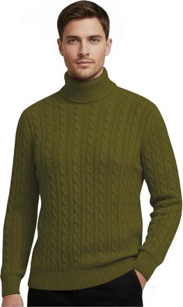 Janisramone Mens High Polo Roll Neck Jumper, Long Sleeve Cable Knitted Pullover Winter Jumpers for Men UK, Casual Turtle Neck Sweaters Khaki