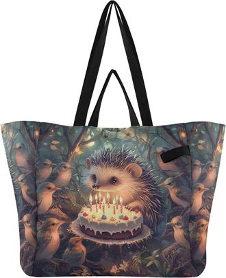 Generic Birds Hedgehog Cake Teal print Reusable Canvas Tote Bag, Heavy Duty Grocery Shopping Bag with Double Handles Large Capacity Hard Bottom Work Groceries