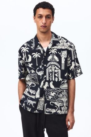 H&M Relaxed Fit Printed Resort Shirt in Black at Nordstrom, Size Xx-Large