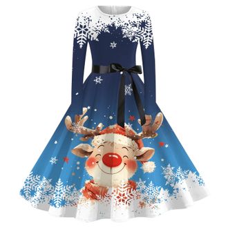 Generic Womens Snowman Print Swing Dress Long Sleeve Loose Fit Comfortable Knee Length A-Line Christmas Party Dress Round Neck Casual Holiday Cocktail Dresses