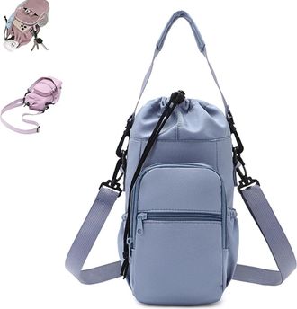 Generic Large Capacity Water Bottle Shoulder Bag, Multi-Pocket Storage Holder for 40oz Bottle, Lightweight for Hiking Camping Travelling (Blue)