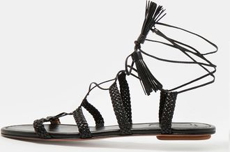Aquazzura Black Braided Leather Stromboli Gladiator Flat Sandals