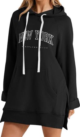 Generic Dresses The Warmy Oversized Hoodie Dress for Women Casual Drawstring Long Sweatshirt with Pocket Fashion Split Hem Long Sleeve(Black,S)