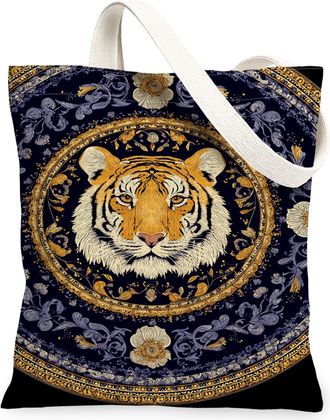 Generic Artistic Tiger Canvas Tote Bags, Vintage Floral Pattern Reusable Grocery Bags, Lightweight Washable Shoulder Strap Canvas F, Navy, 13x15 Inch