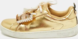 Roberto Cavalli Gold Leather Crystal Embellished Low Top Sneakers