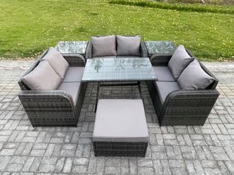 Fimous Rattan Garden Furniture Set 7 Seater Patio Outdoor Love Sofa Set with Rectangular Dining Table 2 Side Tables Dark Grey Mixed
