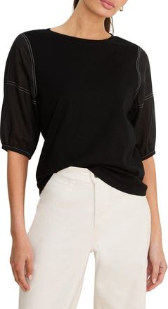 Nic+Zoe Puff Sleeve Cotton T-shirt in Black Onyx at Nordstrom, Size Medium P