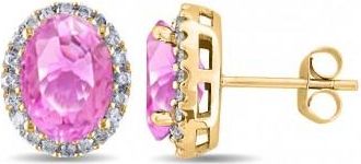 Allurez Oval Pink Sapphire & Halo Diamond Stud Earrings 14k Yellow Gold 4.80ct