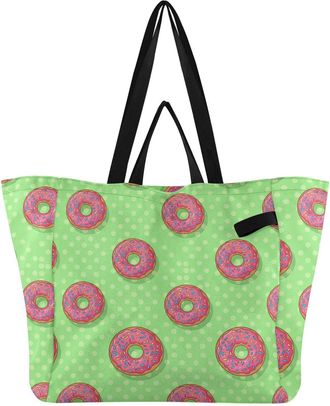 Generic Donuts Green pattern Reusable Canvas Tote Bag, Heavy Duty Grocery Shopping Bag with Hard Bottom Large Capacity Double Handles Work Groceries Travel