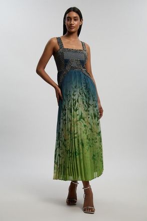 Karen Millen Embellished Pleated Maxi Dress in Navy at Nordstrom, Size 12