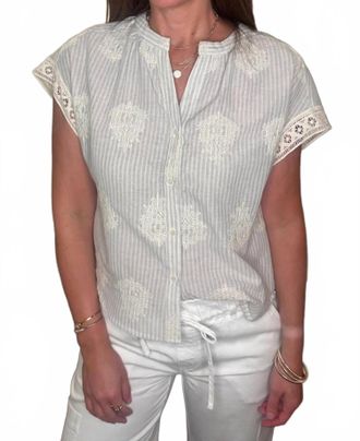 See U Soon Womens Embroidered Stripe Button Up Top In White