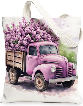 Generic Spring Lilac Truck Flower Canvas Tote Bag for Shopping 13x15, Farmhouse Floral Scenic Reusable Grocery Print Bag for Women, Garden Beach Aesthetic Pai