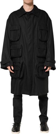 Dolce & Gabbana Mens Black Pockets Collared Trench Coat Jacket Linen Clothing