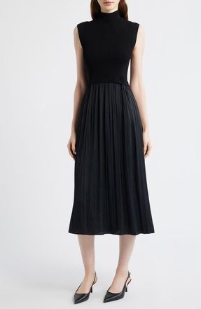 Vince Camuto Mixed Media Rib Funnel Neck Midi Dress in Black at Nordstrom, Size Xx-Large