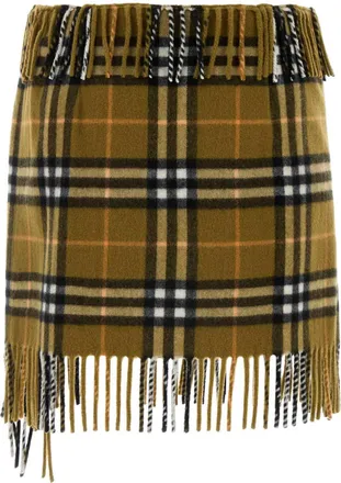 Burberry Womens Tartan Wool Blend With Fringe Trim Skirt Gold Cashmere