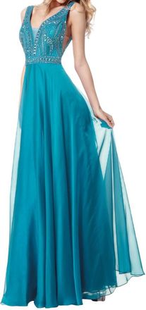 Sherri Hill Beaded V Neck Gown In Jade