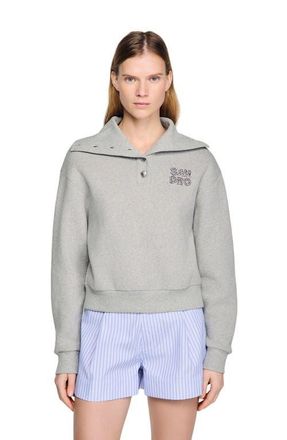 Sandro Embroidered split neck sweatshirt in Grey at Nordstrom, Size X-Small