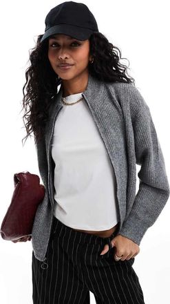 Only knitted zip through cardigan in dark gray melange