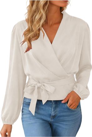 Generic Womens Satin Blouse Long Sleeve Collar V Neck Wrap Top with Adjustable Tie Waist Peplum Tunic Shirts Elegant Solid Color for Women Daily Wear Khaki