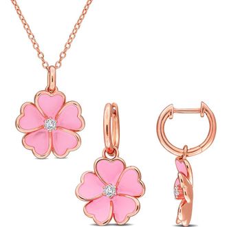Delmar White Topaz & Enamel Flower Drop Earrings & Necklace Set in Pink at Nordstrom Rack