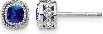 Diamond2Deal 10k White Gold Cushion Sapphire and Diamond Stud Earrings