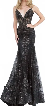 Jovani Glitter Mermaid Gown In Black