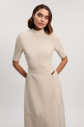 Karen Millen Womens Petite Figure Form Bandage Asymmetric Knit Midi Dress - Beige - Size 10 UK