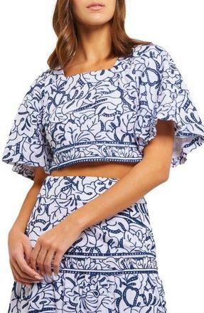 Misook Embroidered Floral Cotton Crop Top in Mazarine/white at Nordstrom Rack, Size X-Small