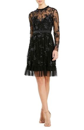 Mac Duggal Sheer Long Sleeve Embellished Midi Dress in Black at Nordstrom, Size 16