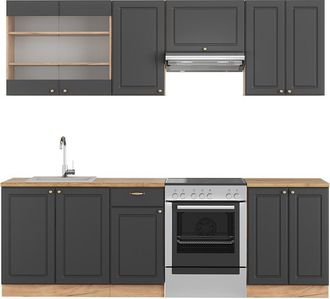 Vicco Mueble De Cocina Fame-line, Antracita Casa De Campo/roble Kraft Dorado, 240 Cm Sin Encimera