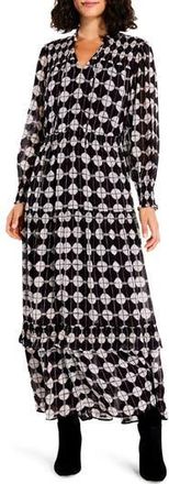 Nic+Zoe Dot Ruffle Smocked Long Sleeve Chiffon Maxi Dress in Black Multi at Nordstrom Rack, Size Medium