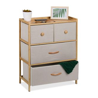 Relaxdays C&oacute;moda De Bamb&uacute;, 4 Cajones Tela, Cajonera Sal&oacute;n, Aparador Dormitorio, 73 X 57,5 X 30 Cm, Natural Y Beige - Relaxdays